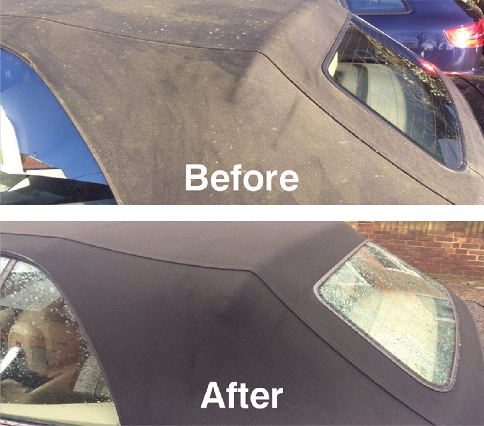 Cabriolet fabric hood before and after treatment at Kensington's Car Wash
