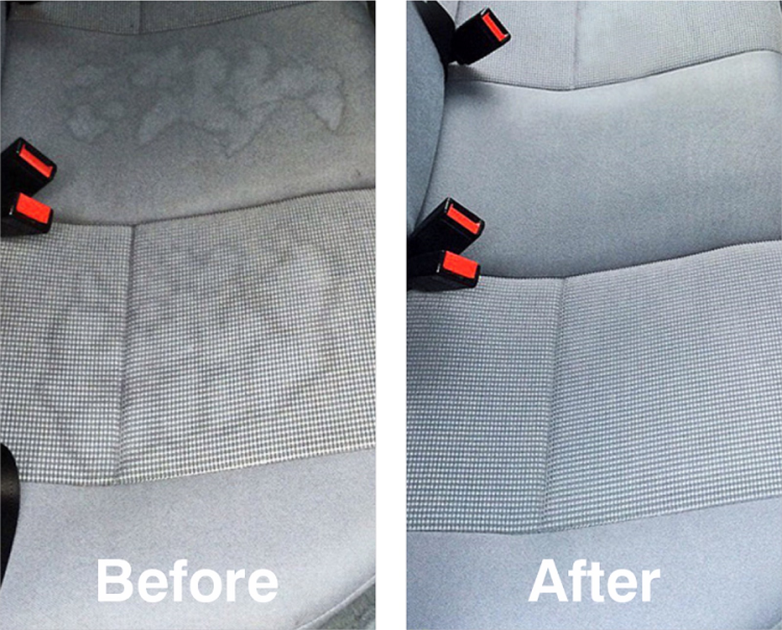 Car seat upholstery before and after cleaning at Kensington's Car Wash